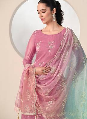 Pink embroidered & jarkan work organza straight cut suits for women 2