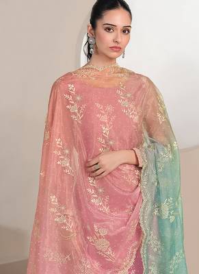 Pink embroidered & jarkan work organza straight cut suits for women 3