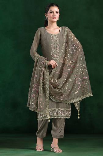 Grey embroidered & swarovski chiffon straight cut salwar kameez for eid