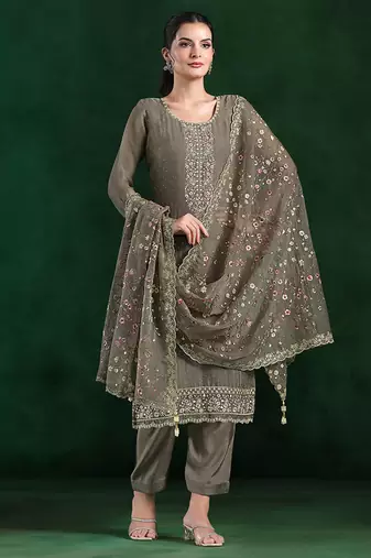 Grey embroidered & swarovski chiffon straight cut salwar kameez for eid