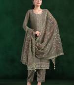 Grey embroidered & swarovski chiffon straight cut salwar kameez for eid