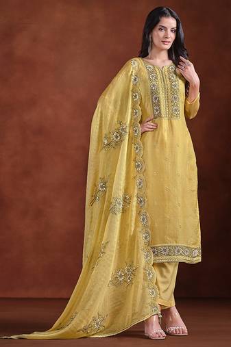 Yellow embroidered & jarkan organza straight cut party wear salwar kameez