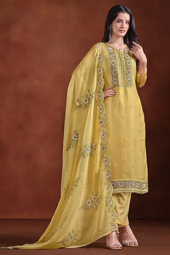Yellow embroidered & jarkan organza straight cut party wear salwar kameez