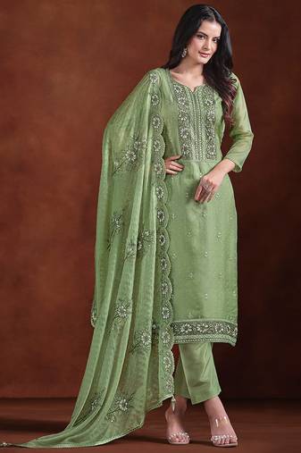 Green embroidered & jarkan organza straight cut salwar kameez for women