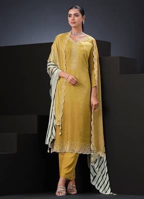 Yellow swarovski satin silk straight cut salwar kameez 1