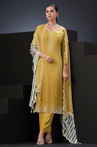 Yellow swarovski satin silk straight cut salwar kameez
