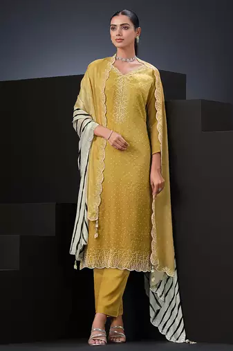 Yellow swarovski satin silk straight cut salwar kameez