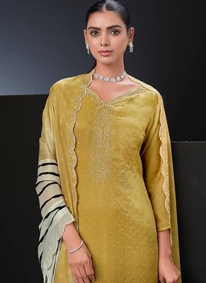 Yellow swarovski satin silk straight cut salwar kameez 2