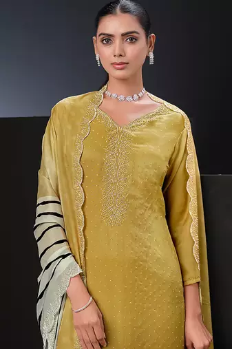 Yellow swarovski satin silk straight cut salwar kameez