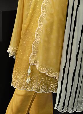 Yellow swarovski satin silk straight cut salwar kameez 3