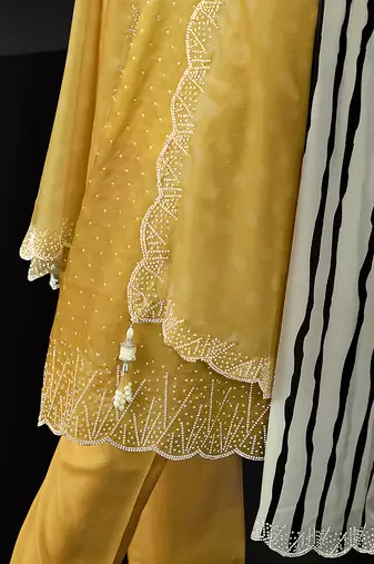 Yellow swarovski satin silk straight cut salwar kameez