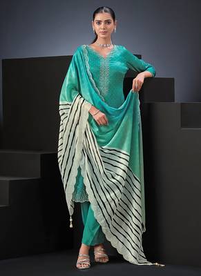 Sea green swarovski satin silk straight cut salwar kameez style 1