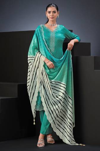 Sea green swarovski satin silk straight cut salwar kameez style