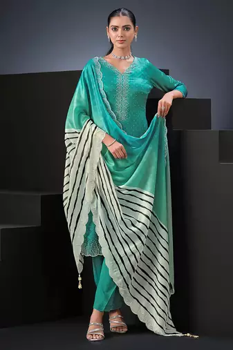Sea green swarovski satin silk straight cut salwar kameez style