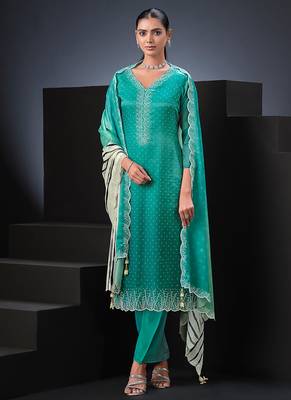 Sea green swarovski satin silk straight cut salwar kameez style 2