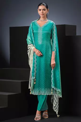 Sea green swarovski satin silk straight cut salwar kameez style