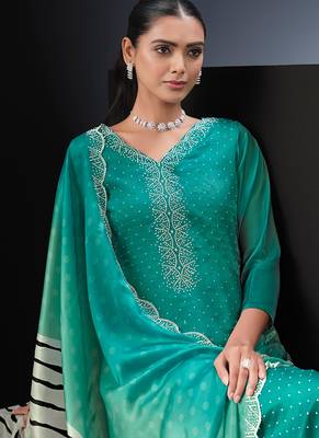 Sea green swarovski satin silk straight cut salwar kameez style 3