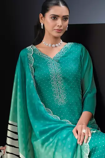 Sea green swarovski satin silk straight cut salwar kameez style
