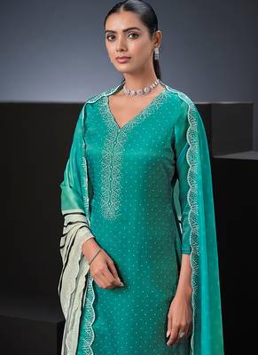 Sea green swarovski satin silk straight cut salwar kameez style 4