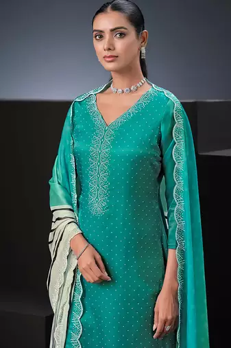 Sea green swarovski satin silk straight cut salwar kameez style