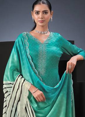 Sea green swarovski satin silk straight cut salwar kameez style 5