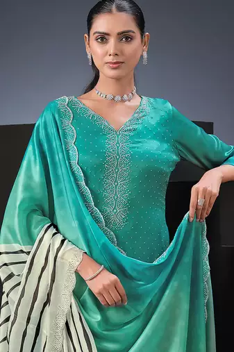 Sea green swarovski satin silk straight cut salwar kameez style