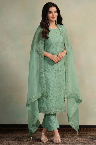 Green embroidered & jarkan organza chiffon straight cut salwar kameez for eid