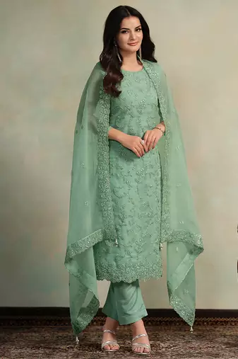 Green embroidered & jarkan organza chiffon straight cut salwar kameez for eid