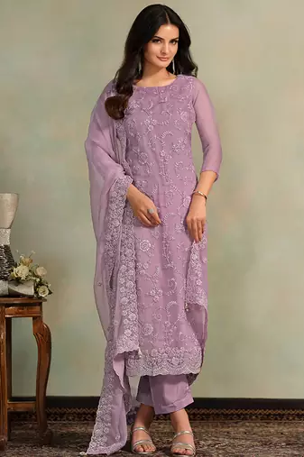 Lavender embroidered & jarkan organza chiffon straight cut eid wear salwar kameez
