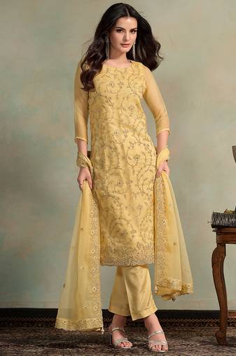 Yellow embroidered & jarkan organza chiffon straight cut salwar kameez eid for women