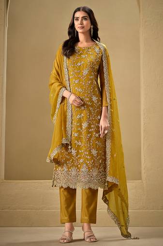 Mustrad embroidered & jarkan organza chiffon straight cut party wear salwar kameez