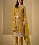 Mustrad embroidered & jarkan organza chiffon straight cut party wear salwar kameez