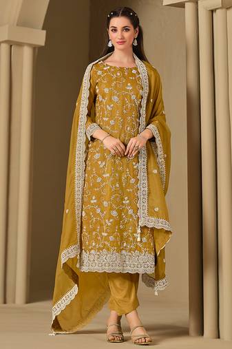 Mustrad embroidered & swarovski organza straight cut eid wear salwar kameez