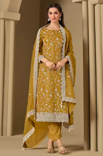 Mustrad embroidered & swarovski organza straight cut eid wear salwar kameez