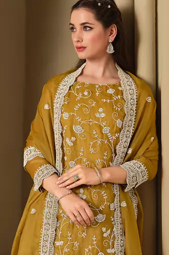 Mustrad embroidered & swarovski organza straight cut eid wear salwar kameez