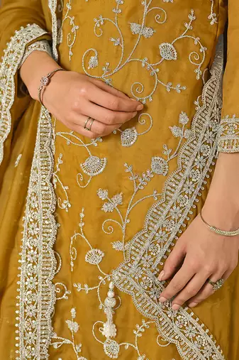 Mustrad embroidered & swarovski organza straight cut eid wear salwar kameez