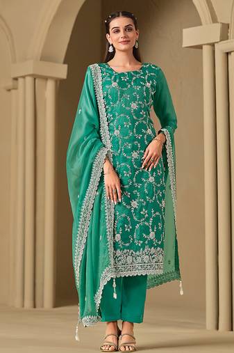 Rama green embroidered & swarovski organza straight cut salwar kameez for eid