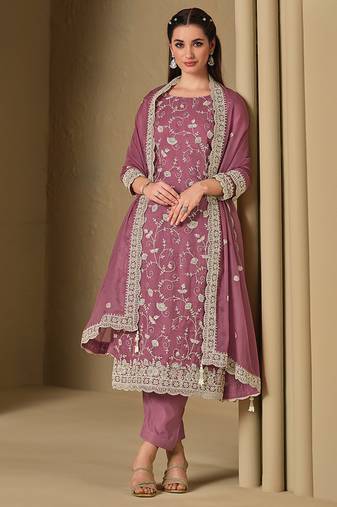 Light mauve embroidered & swarovski organza straight cut party wear salwar kameez