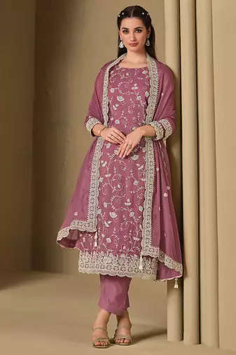 Light mauve embroidered & swarovski organza straight cut party wear salwar kameez