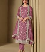Light mauve embroidered & swarovski organza straight cut party wear salwar kameez