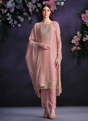 Pink embroidered & jarkan shimmer organza straight cut party wear salwar kameez 1