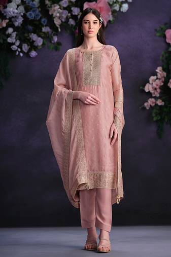 Pink embroidered & jarkan shimmer organza straight cut party wear salwar kameez