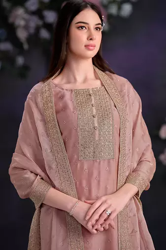 Pink embroidered & jarkan shimmer organza straight cut party wear salwar kameez