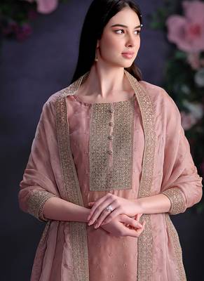 Pink embroidered & jarkan shimmer organza straight cut party wear salwar kameez 3