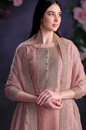 Pink embroidered & jarkan shimmer organza straight cut party wear salwar kameez