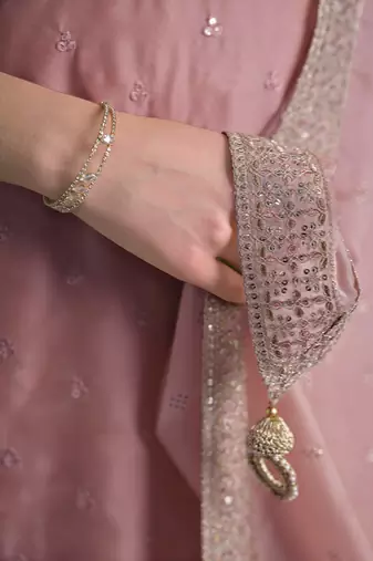 Pink embroidered & jarkan shimmer organza straight cut party wear salwar kameez