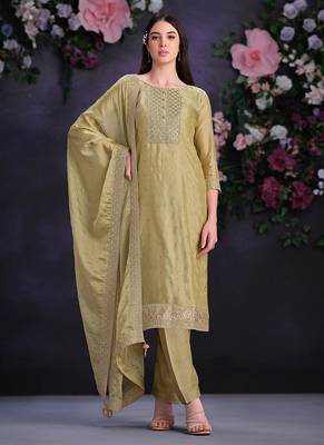 Beige embroidered & jarkan shimmer organza straight cut suits salwar kameez 1