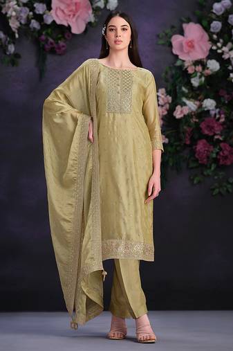 Beige embroidered & jarkan shimmer organza straight cut suits salwar kameez