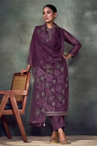 Purple embroidered & swarovski chiffon straight cut salwar kameez