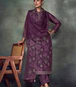 Purple embroidered & swarovski chiffon straight cut salwar kameez